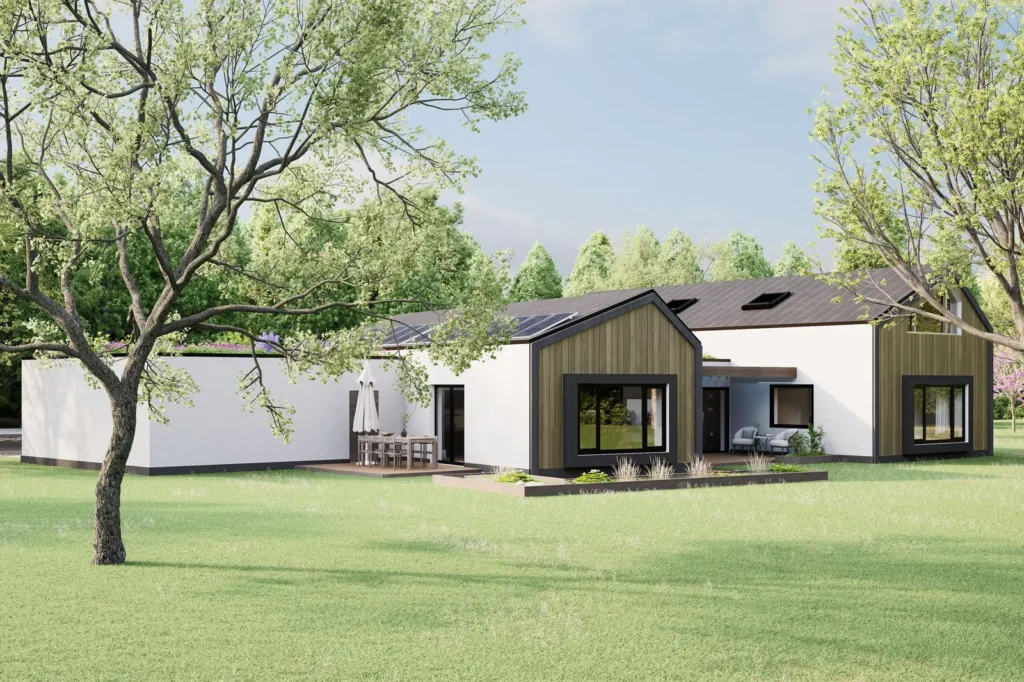 Bungalow mit Satteldächern und Holzfassade, Visualisierung Haus Finn