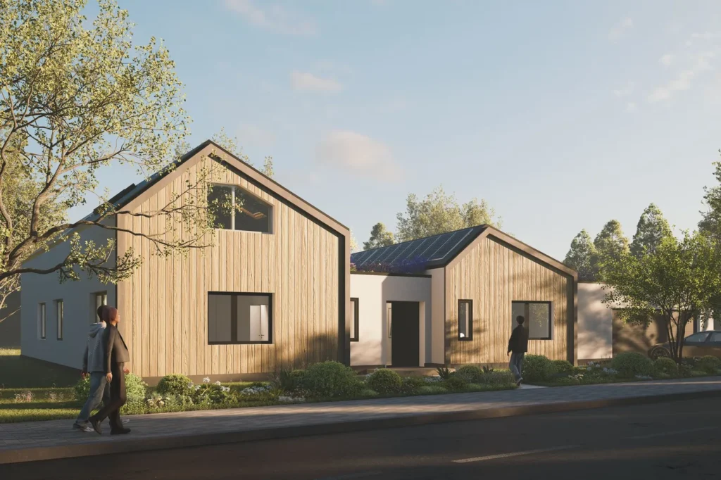 Haus Finn, Bungalow aus mehreren Baukörpern mit Holzfassade, Visualisierung