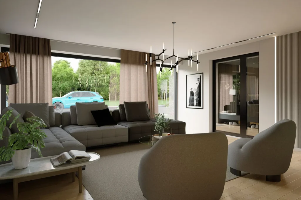 Wohnzimmer mit großer Fensterfront, Visualisierung Haus Ida