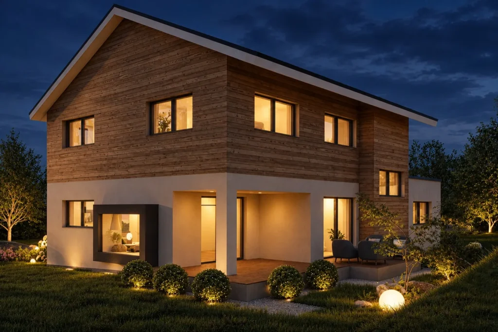 Einfamilienhaus mit Holzfassade bei Nacht, beleuchtete Fenster und Terrasse