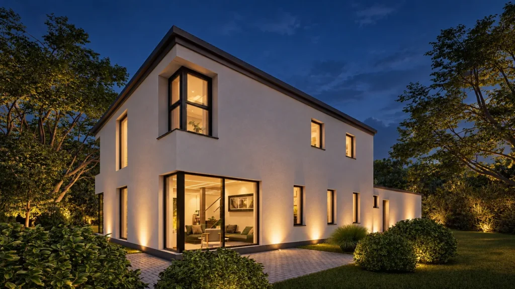 Stadtvilla mit Pultdach am Abend, beleuchtete Fenster und Fassadenstrahler, Visualisierung