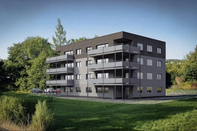 Mehrfamilienhaus mit vier Geschossen und Balkonen, Visualisierung