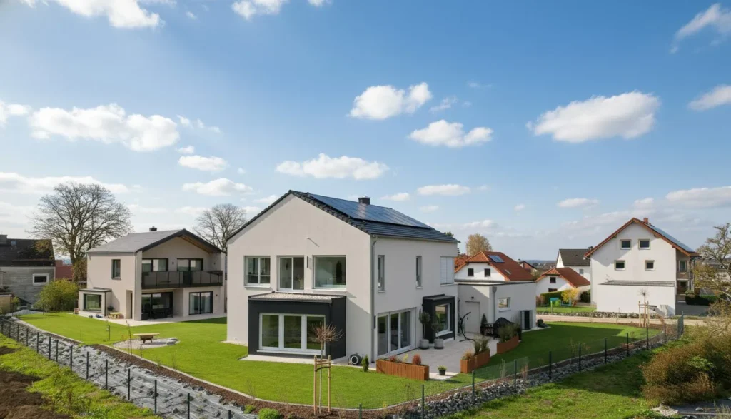 Haus Emma: Einfamilienhaus mit Satteldach, Photovoltaik und dunklem Erker, Garten mit Gabionen