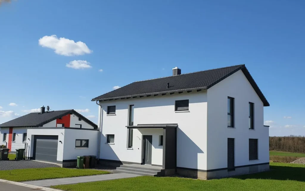 Haus Jonas: Weißes Einfamilienhaus mit Satteldach, Vordach und Garage