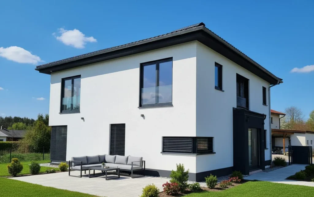Haus Mia: Stadtvilla mit flachem Walmdach, Terrasse und Lounge