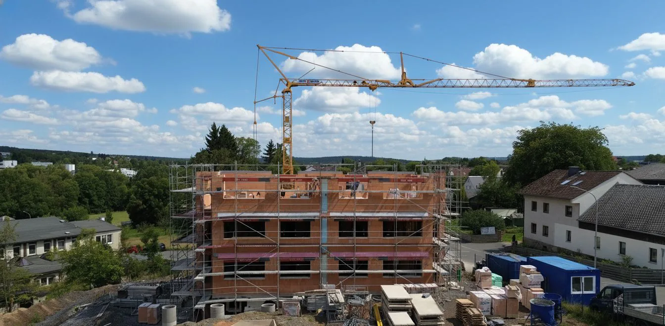 Rohbau aus Ziegeln mit Gerüst und Baukran, Luftaufnahme