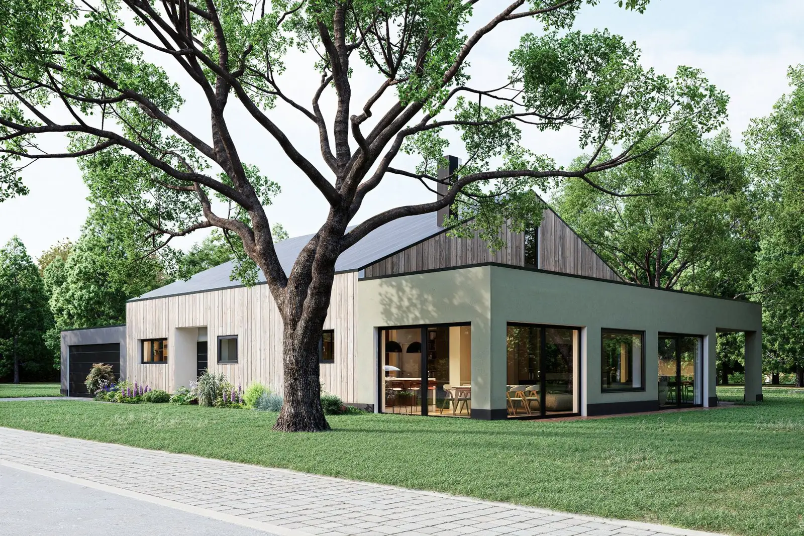 Bungalow mit Holzfassade, Satteldach und großen Glasfronten unter einem alten Baum, Visualisierung