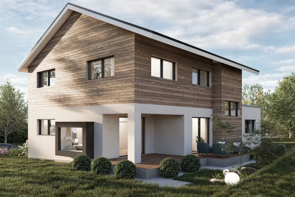 Einfamilienhaus mit Holzfassade im Obergeschoss und überdachter Terrasse, Visualisierung